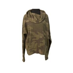 Natural Reflections Camo Waffle Knit Cowl Neck Hoodie Kangaroo Pocket L Military